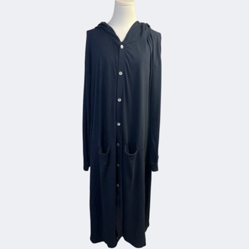 Eileen Fisher Robe Womens L Blue Organic Cotton Hooded Button Front Kaftan